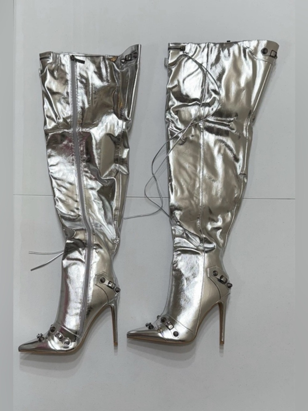 Cape Robbin Women’s Silver Side Zip High Heel Pointy Thigh High Boots 10